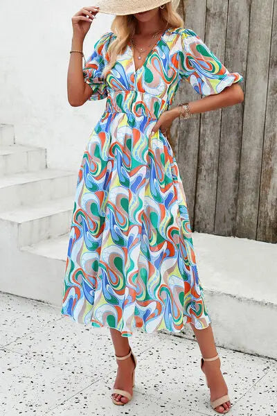 Blue Zone Planet |  Smocked Printed V-Neck Short Sleeve Dress BLUE ZONE PLANET