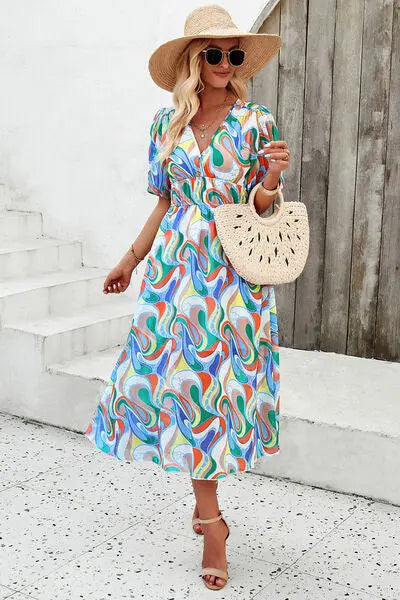 Blue Zone Planet |  Smocked Printed V-Neck Short Sleeve Dress BLUE ZONE PLANET