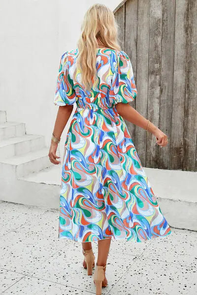Blue Zone Planet |  Smocked Printed V-Neck Short Sleeve Dress BLUE ZONE PLANET