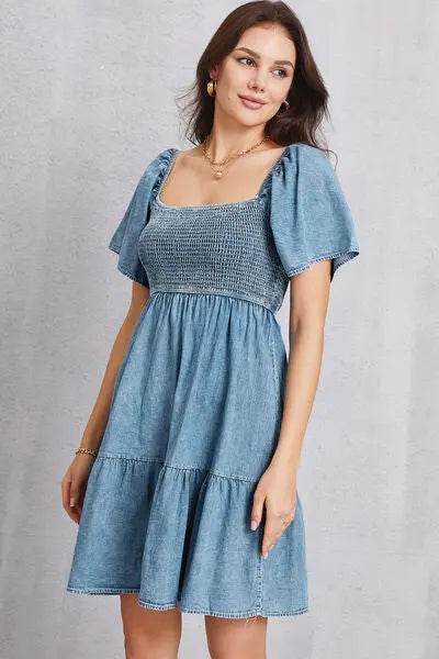Blue Zone Planet |  Smocked Square Neck Mini Denim Dress BLUE ZONE PLANET