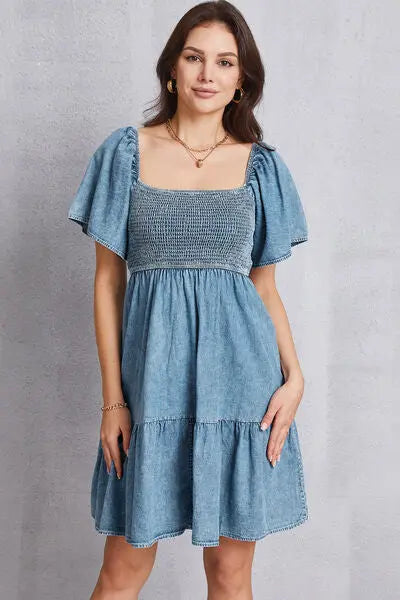 Blue Zone Planet |  Smocked Square Neck Mini Denim Dress BLUE ZONE PLANET