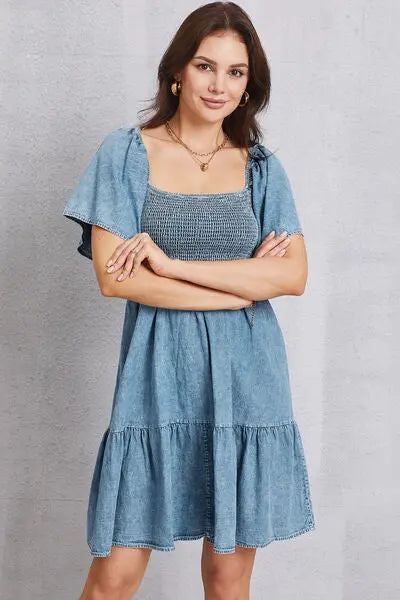 Blue Zone Planet |  Smocked Square Neck Mini Denim Dress BLUE ZONE PLANET