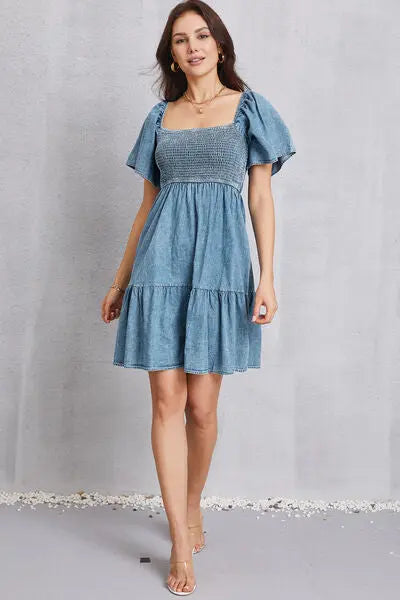 Blue Zone Planet |  Smocked Square Neck Mini Denim Dress BLUE ZONE PLANET