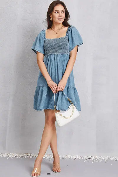 Blue Zone Planet |  Smocked Square Neck Mini Denim Dress BLUE ZONE PLANET
