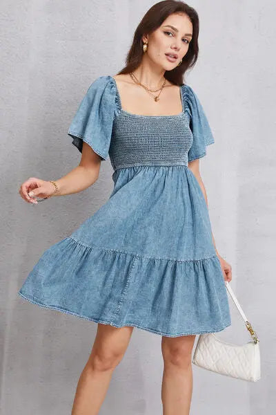 Blue Zone Planet |  Smocked Square Neck Mini Denim Dress BLUE ZONE PLANET