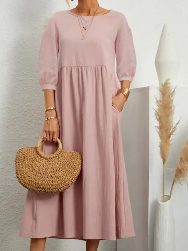 Blue Zone Planet |  Solid color lantern sleeve loose pocket midi dress BLUE ZONE PLANET