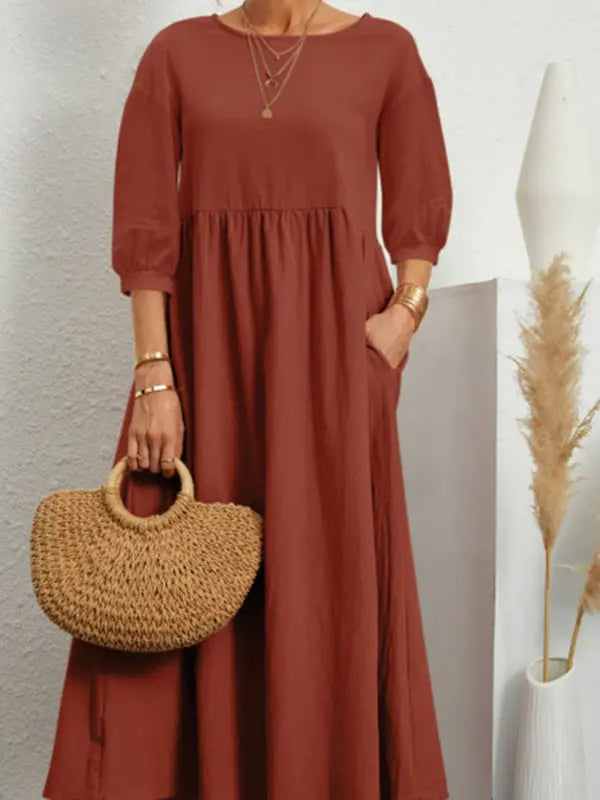 Blue Zone Planet |  Solid color lantern sleeve loose pocket midi dress BLUE ZONE PLANET