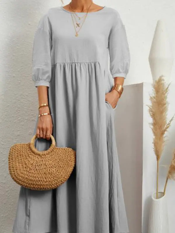 Blue Zone Planet |  Solid color lantern sleeve loose pocket midi dress BLUE ZONE PLANET