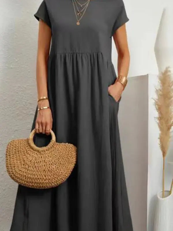 Blue Zone Planet |  Solid color lantern sleeve loose pocket midi dress BLUE ZONE PLANET