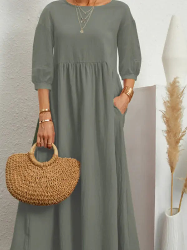 Blue Zone Planet |  Solid color lantern sleeve loose pocket midi dress BLUE ZONE PLANET