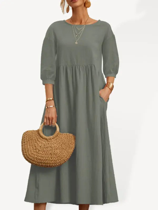 Blue Zone Planet |  Solid color lantern sleeve loose pocket midi dress BLUE ZONE PLANET
