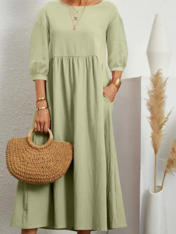 Blue Zone Planet |  Solid color lantern sleeve loose pocket midi dress BLUE ZONE PLANET