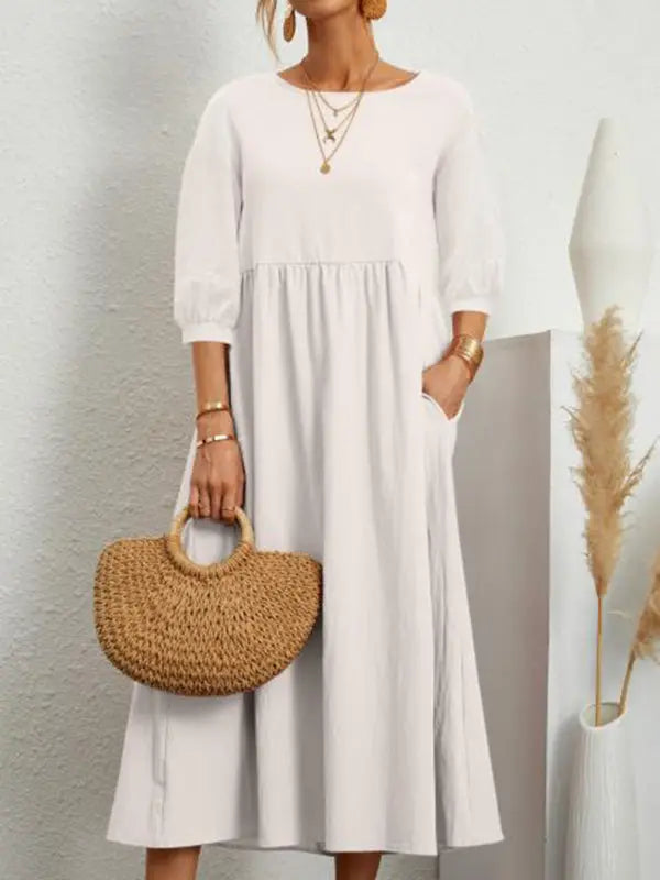 Blue Zone Planet |  Solid color lantern sleeve loose pocket midi dress BLUE ZONE PLANET