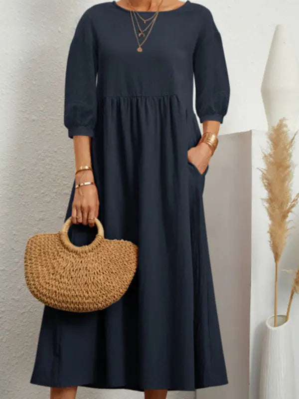 Blue Zone Planet |  Solid color lantern sleeve loose pocket midi dress BLUE ZONE PLANET
