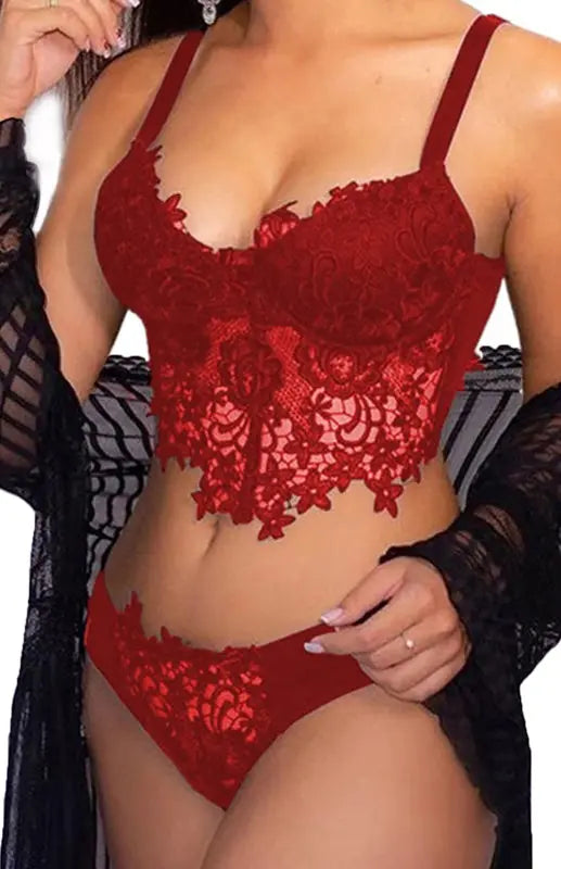 Blue Zone Planet |  Spaghetti Straps Crochet Lace Hollow Out Bra Thong Lingerie Set BLUE ZONE PLANET