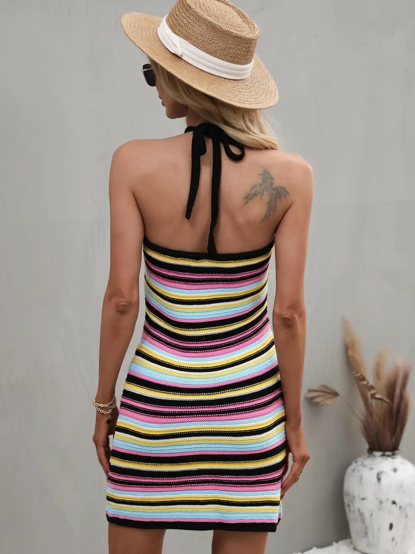 Blue Zone Planet |  Striped Low Back Halter Neck Mini Dress BLUE ZONE PLANET