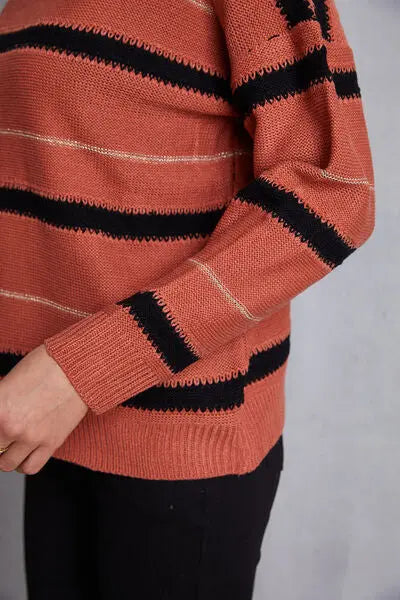 Blue Zone Planet |  Striped Round Neck Dropped Shoulder Sweater BLUE ZONE PLANET