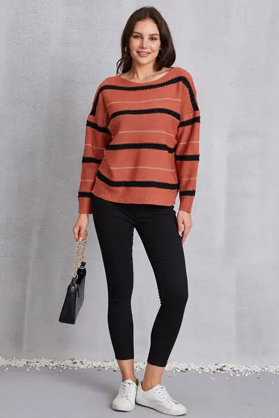 Blue Zone Planet |  Striped Round Neck Dropped Shoulder Sweater BLUE ZONE PLANET
