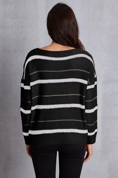 Blue Zone Planet |  Striped Round Neck Dropped Shoulder Sweater BLUE ZONE PLANET