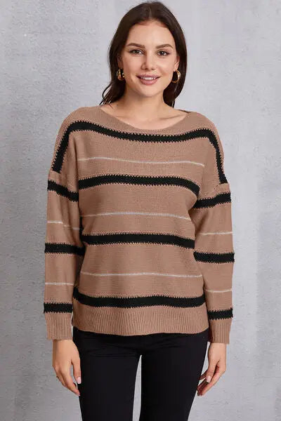 Blue Zone Planet |  Striped Round Neck Dropped Shoulder Sweater BLUE ZONE PLANET