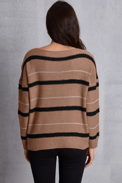 Blue Zone Planet |  Striped Round Neck Dropped Shoulder Sweater BLUE ZONE PLANET