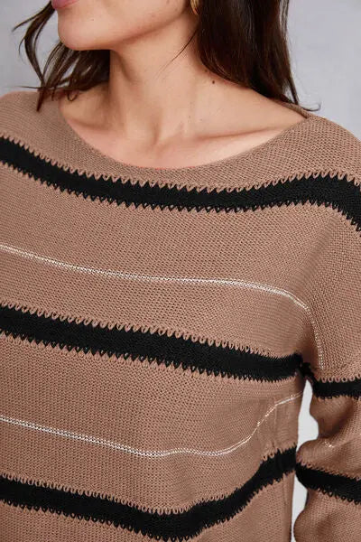Blue Zone Planet |  Striped Round Neck Dropped Shoulder Sweater BLUE ZONE PLANET