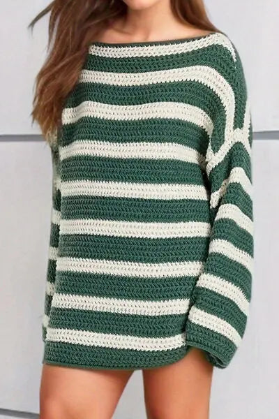 Blue Zone Planet |  Striped Round Neck Dropped Shoulder Sweater BLUE ZONE PLANET