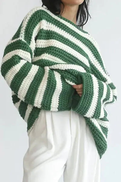 Blue Zone Planet |  Striped Round Neck Dropped Shoulder Sweater BLUE ZONE PLANET