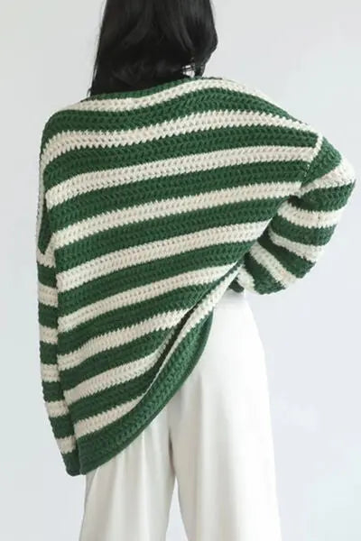 Blue Zone Planet |  Striped Round Neck Dropped Shoulder Sweater BLUE ZONE PLANET