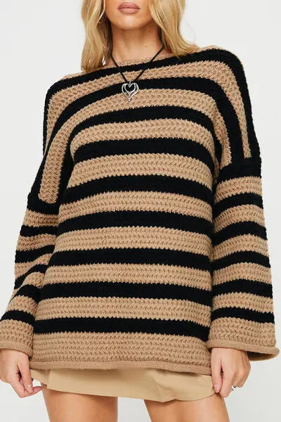 Blue Zone Planet |  Striped Round Neck Dropped Shoulder Sweater BLUE ZONE PLANET