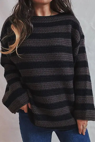 Blue Zone Planet |  Striped Round Neck Dropped Shoulder Sweater BLUE ZONE PLANET