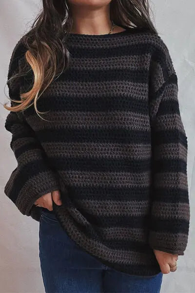 Blue Zone Planet |  Striped Round Neck Dropped Shoulder Sweater BLUE ZONE PLANET
