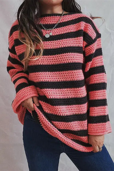Blue Zone Planet |  Striped Round Neck Dropped Shoulder Sweater BLUE ZONE PLANET