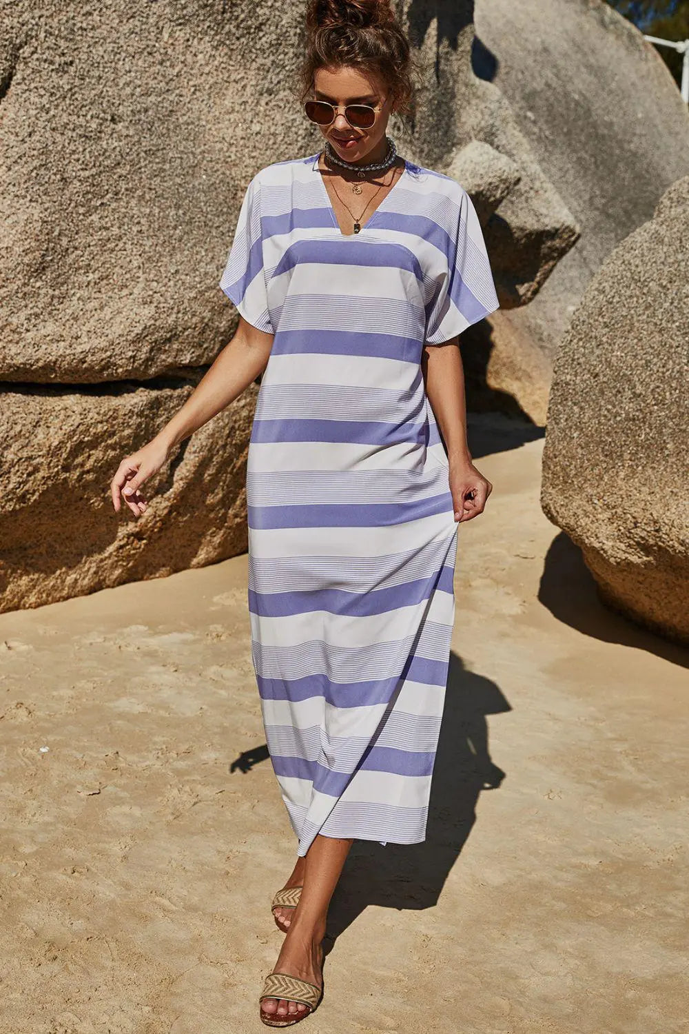 Blue Zone Planet |  Striped V-Neck Side Slit T-Shirt Dress BLUE ZONE PLANET