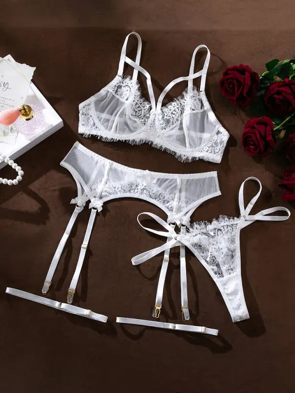 Blue Zone Planet |  Summer's White hollow backless lingerie set BLUE ZONE PLANET