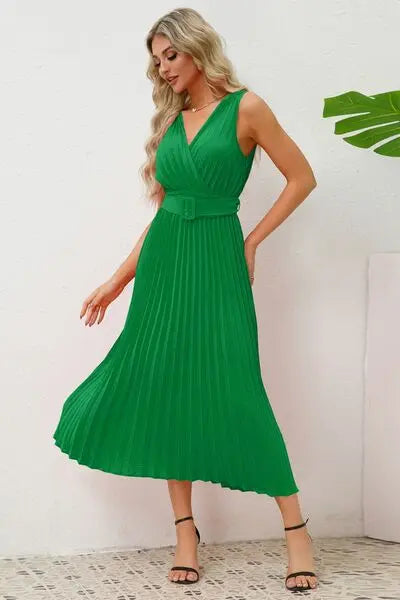 Blue Zone Planet |  Surplice Sleeveless Midi Pleated Dress BLUE ZONE PLANET