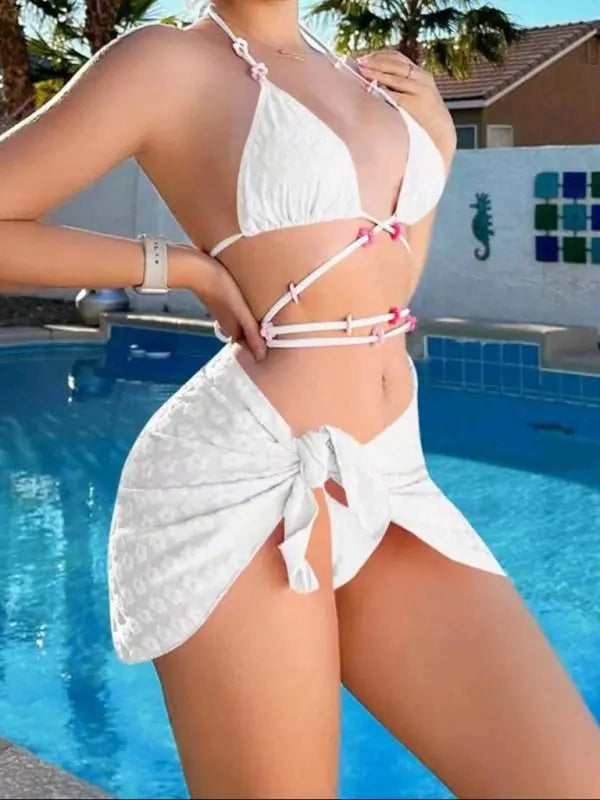 Blue Zone Planet |  Three-piece bikini with floral lace pattern BLUE ZONE PLANET