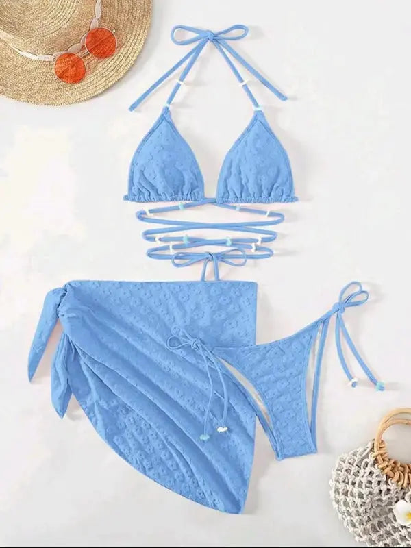 Blue Zone Planet |  Three-piece bikini with floral lace pattern BLUE ZONE PLANET