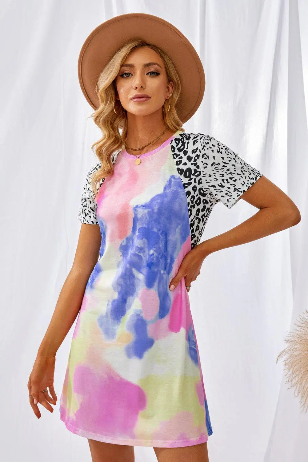 Blue Zone Planet |  Tie-Dye Leopard Short Raglan Sleeve T-Shirt Dress BLUE ZONE PLANET