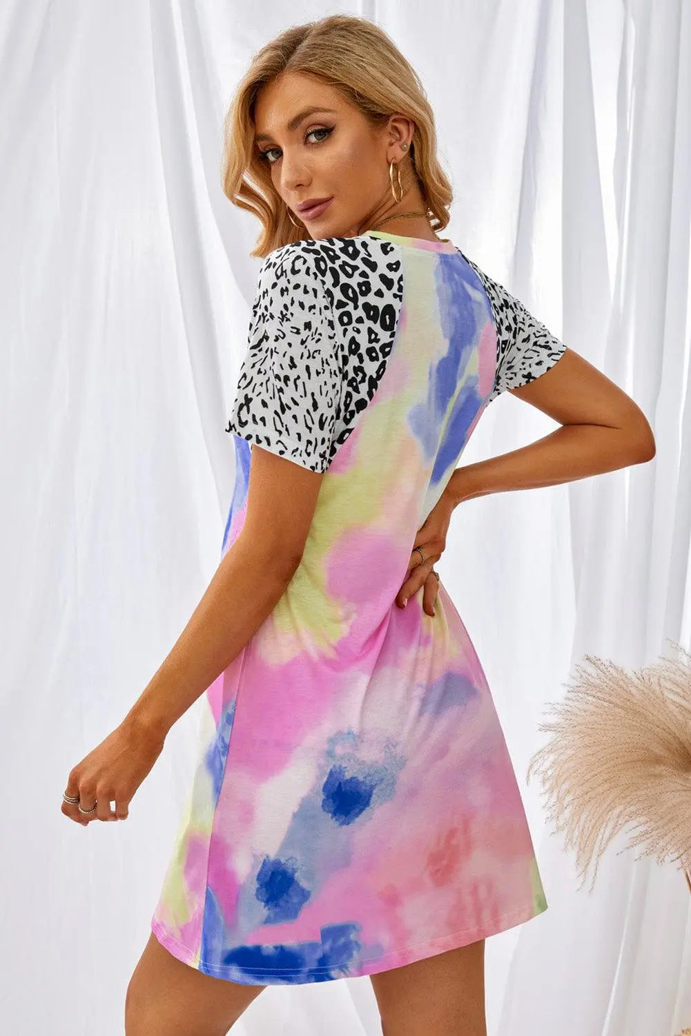 Blue Zone Planet |  Tie-Dye Leopard Short Raglan Sleeve T-Shirt Dress BLUE ZONE PLANET