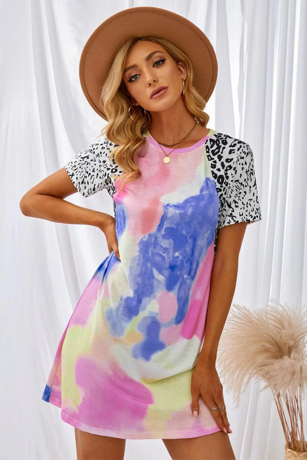 Blue Zone Planet |  Tie-Dye Leopard Short Raglan Sleeve T-Shirt Dress BLUE ZONE PLANET