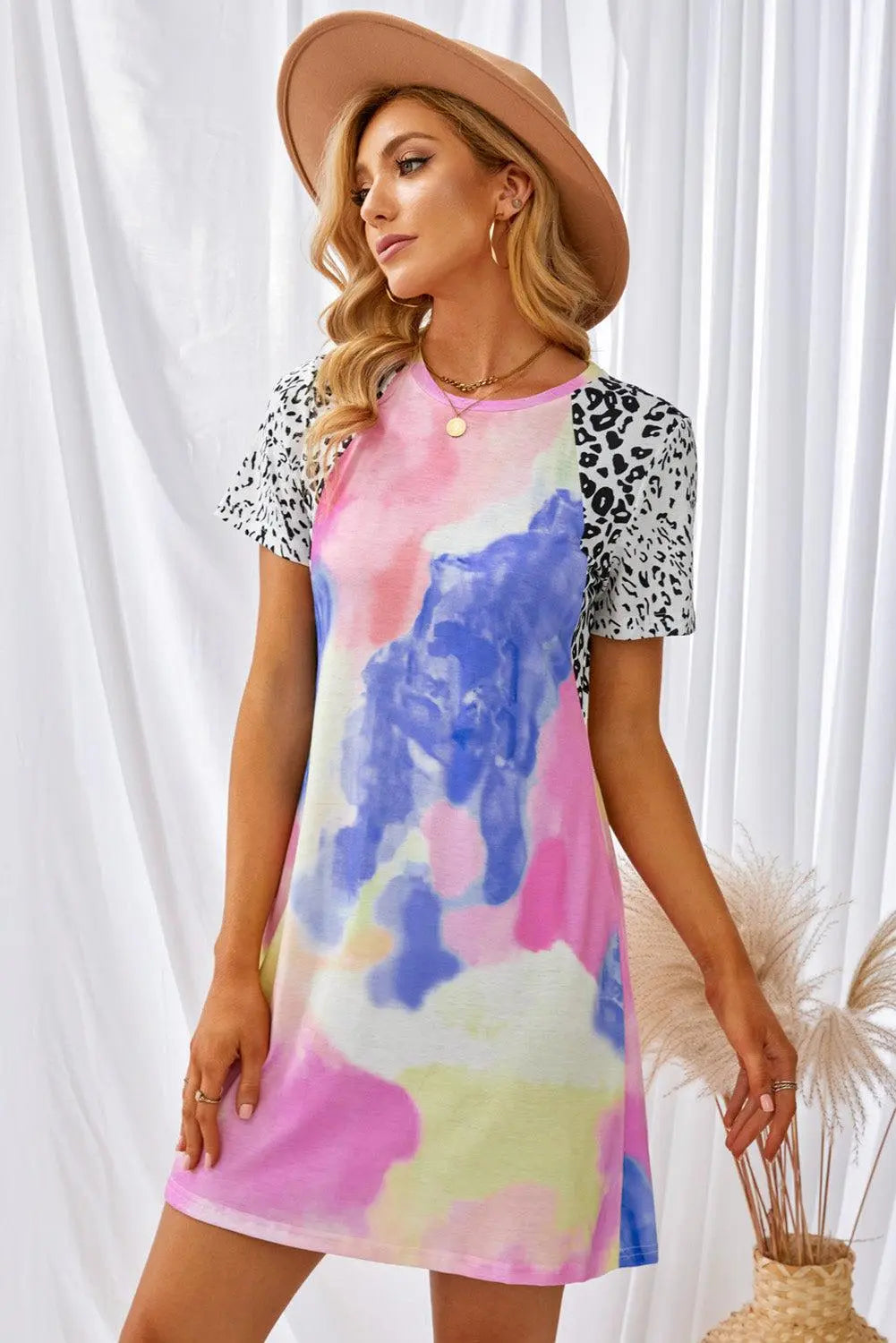 Blue Zone Planet |  Tie-Dye Leopard Short Raglan Sleeve T-Shirt Dress BLUE ZONE PLANET