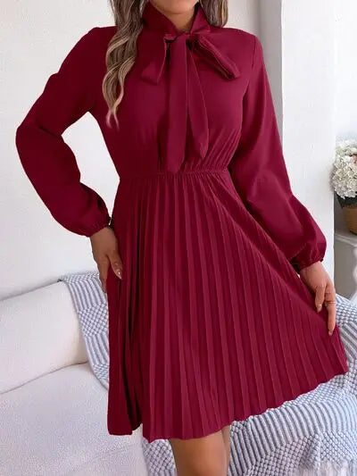Blue Zone Planet |  Tie Neck Balloon Sleeve Pleated Dress BLUE ZONE PLANET