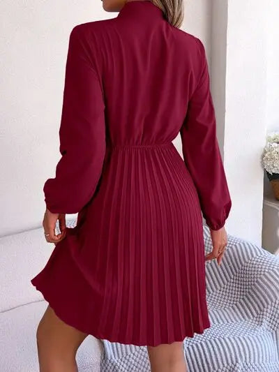 Blue Zone Planet |  Tie Neck Balloon Sleeve Pleated Dress BLUE ZONE PLANET