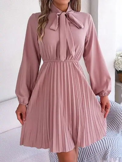 Blue Zone Planet |  Tie Neck Balloon Sleeve Pleated Dress BLUE ZONE PLANET