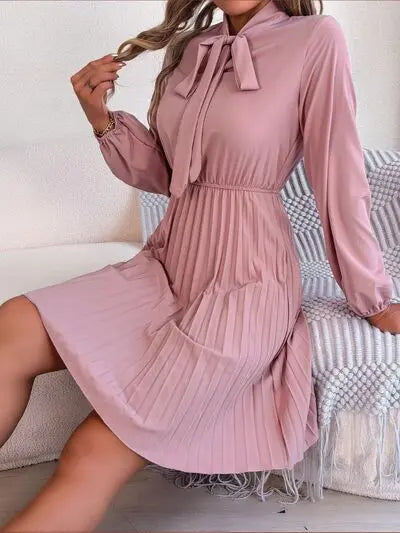 Blue Zone Planet |  Tie Neck Balloon Sleeve Pleated Dress BLUE ZONE PLANET