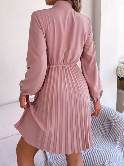 Blue Zone Planet |  Tie Neck Balloon Sleeve Pleated Dress BLUE ZONE PLANET