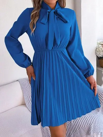Blue Zone Planet |  Tie Neck Balloon Sleeve Pleated Dress BLUE ZONE PLANET