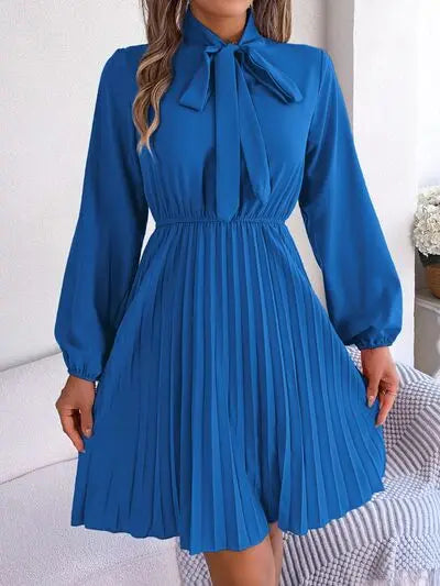 Blue Zone Planet |  Tie Neck Balloon Sleeve Pleated Dress BLUE ZONE PLANET
