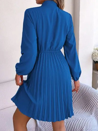 Blue Zone Planet |  Tie Neck Balloon Sleeve Pleated Dress BLUE ZONE PLANET